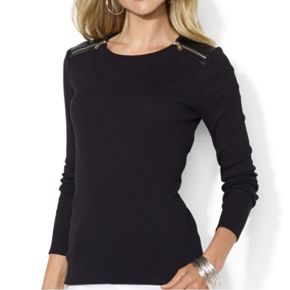 Lauren Ralph Lauren black zipper shoulder ribbed long sleeve tee size small